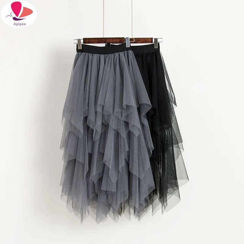 

Women Tulle Mesh Skirt Fashion Spring Summer Jupe Tulle Mini Skirts Asymmetric Patchwork High Waist Skirts