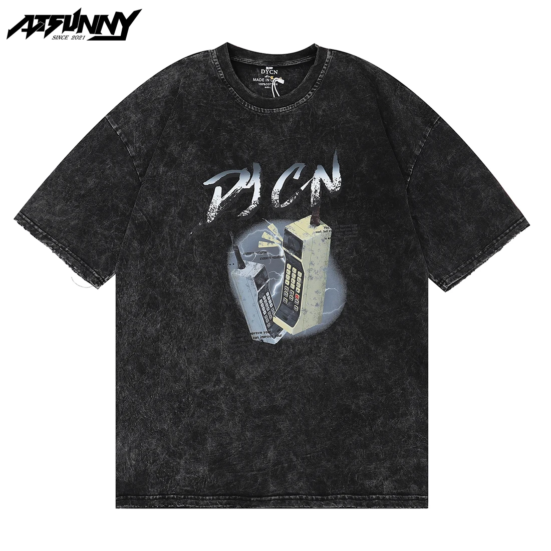 

ATSUNNY Phone Print Hip Hop T-shirt Harajuku Streetwear Retro Short Sleeve Pullover Summer Gothic Male Thicken Clothes Tops
