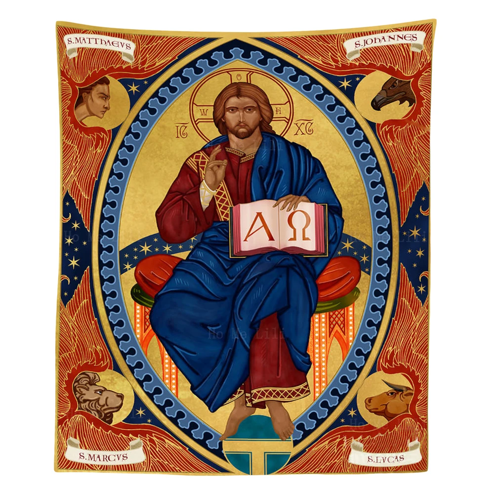 

Saint Oswald King Of Northumbria Christ In Majesty Orthodox Byzantine Icon Tapestry By Ho Me Lili For Livingroom Wall Decor