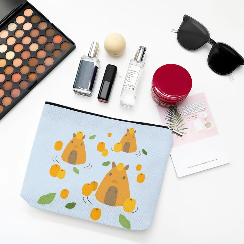 

Capybara Bath wiht Yuzu Linen Women Cosmetic Bag Pattern Design Makeup Pouch Lady Tote Purse Travel Organizer Case