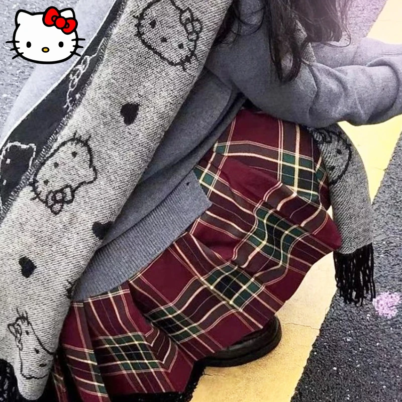 

Kawaii Sanrio Hello Kitty Scarf Cartoon Girl Winter JK Black and Gray Double Sided Warm Scarf Student Anime Knitted Simple Scarf