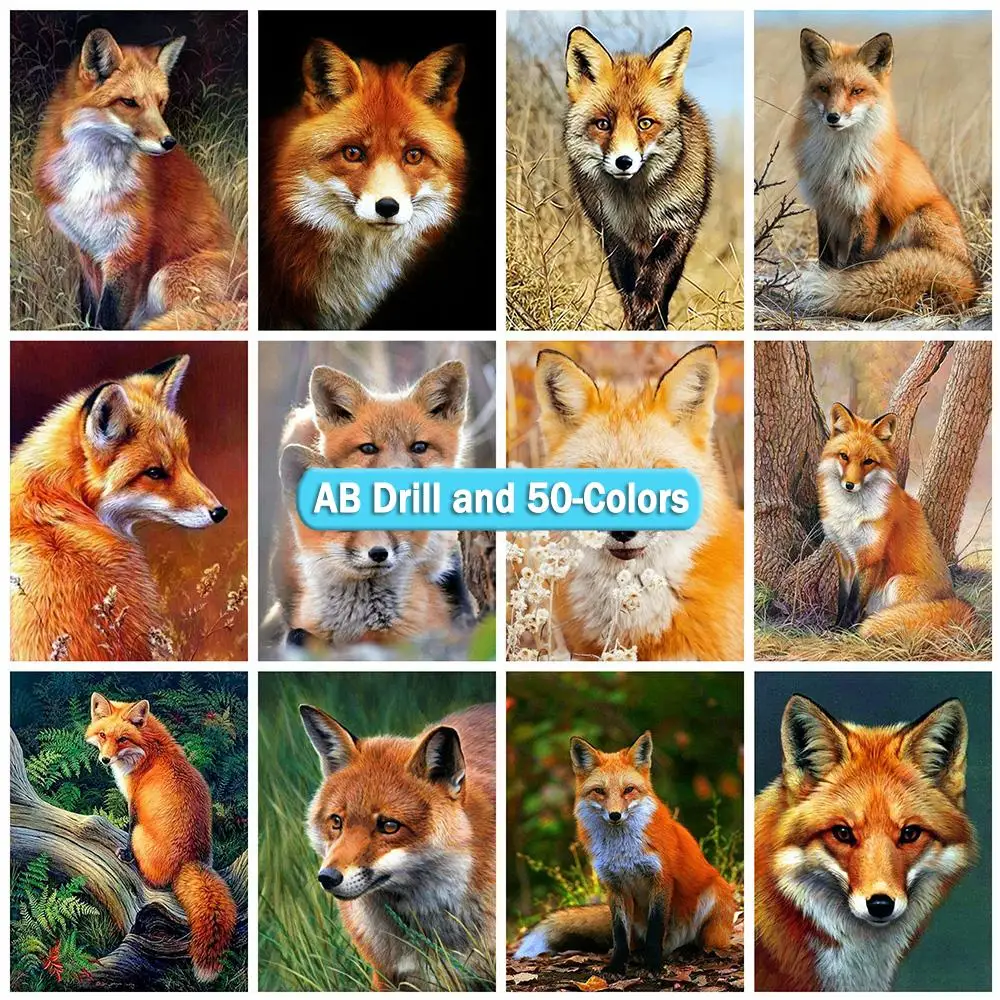

Алмазная живопись AB, лиса, 50 цветов, 5D Вышивка крестиком, животные, вышивка, квадратные, круглые, стразы, картины, домашний декор