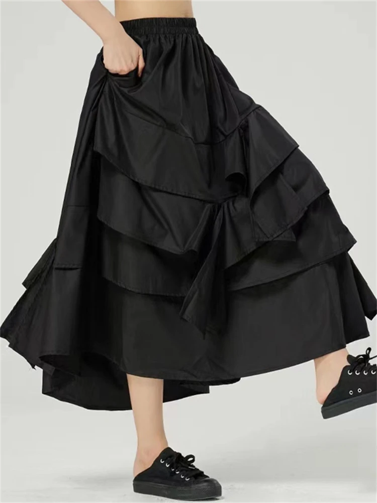 

Fashion Spliced Ruffles Japan Style Gothic Streetwear Black Skirt 2022 Summer Women High Waist Loose Large Size Long Skirts 5635