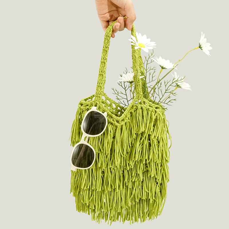 

Вместительная плетеная женская сумка ручной работы, ретро-сумочка на плечо с кисточкой, удобный пляжный мешок на плечо