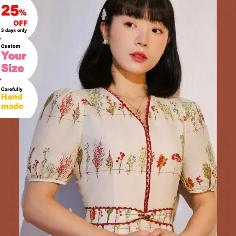 

private size customized Service Original Design Elegant Vintage Dresses for Women V-neck Ladies Summer Cotton Floral Printed