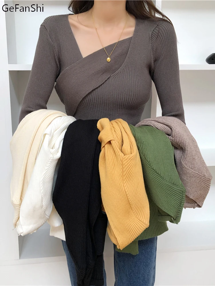 Fashion 2022 New Spring Autumn Women Sweater Knitted Long Sleeve Slim Office Lady Sexy V-Neck Casual Sweaters Tops | Женская одежда