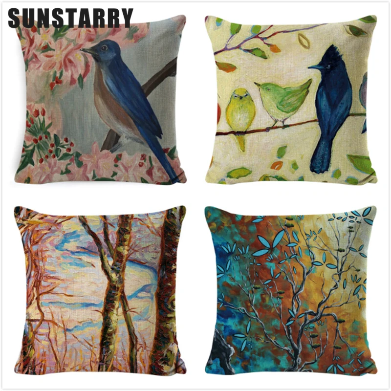 

Разноцветный чехол для подушки с акварельными цветами, птицами, деревом, хлопковая льняная подушка для поясницы, чехол для талии, наволочка ...