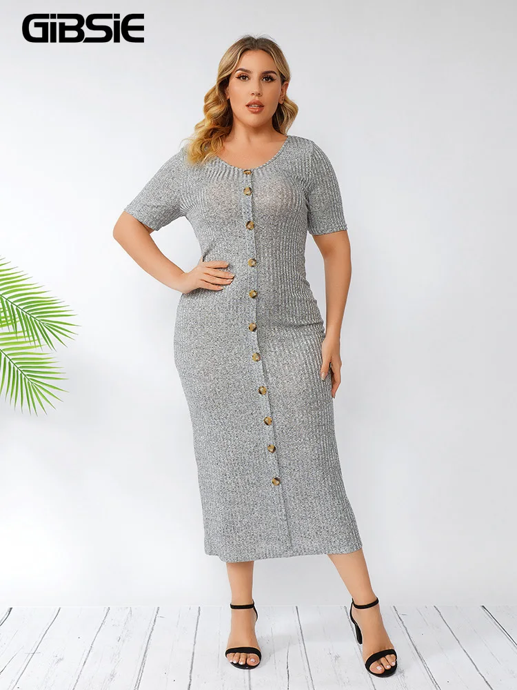 

GIBSIE Plus Size Button Front Solid Rib-knit Long Dress Women Summer Short Sleeve Office Casual Slim Fit Bodycon Pencil Dress
