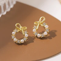 classic bowknot imitation pearls round circle stud earrings for women shiny crystal star heart flower ear studs fashion jewelry