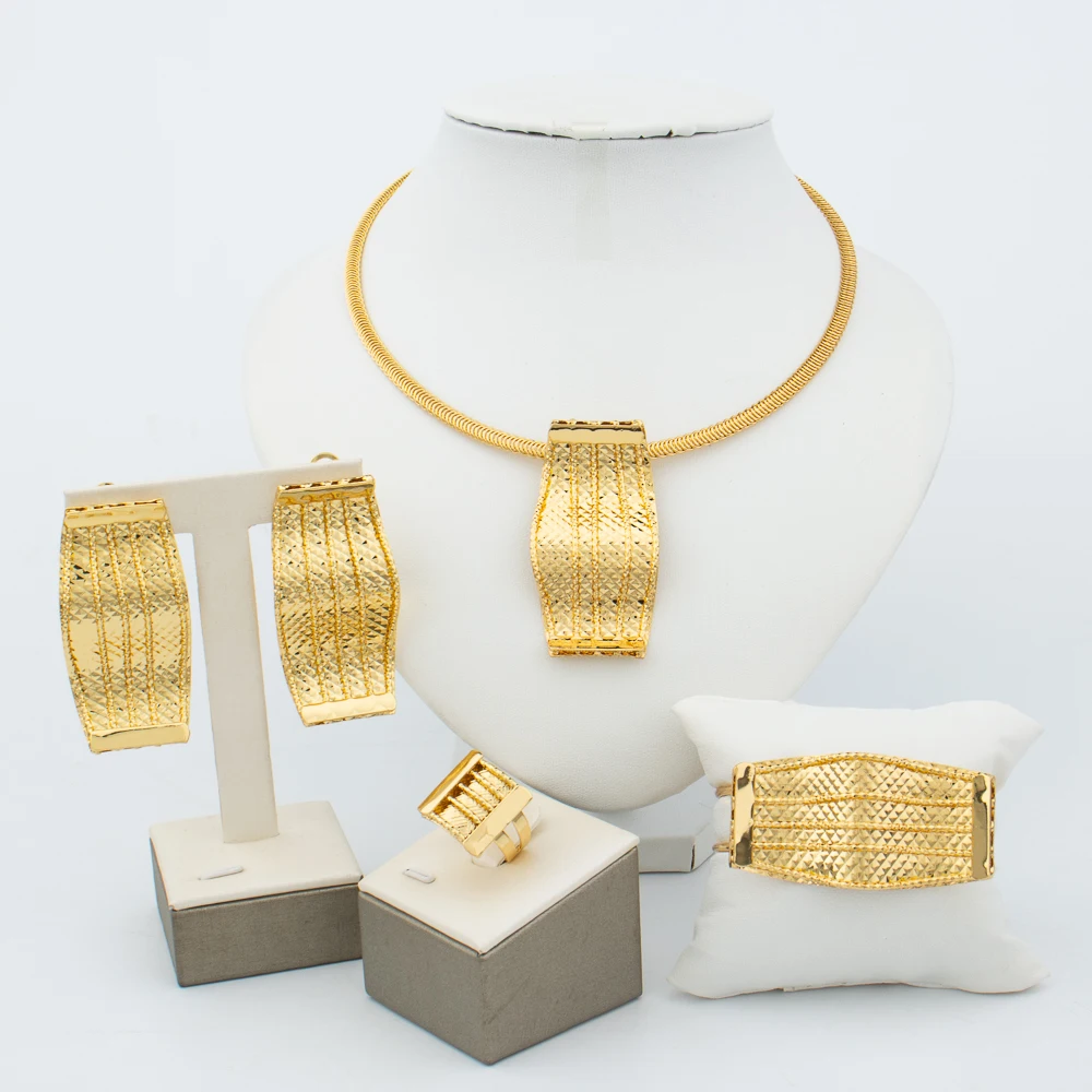 Dubai Jewelry Sets For Women African Necklace Earrings Ring Bracelet Ethiopian Fashion Gold Plated Bride Jewelry Wedding Party