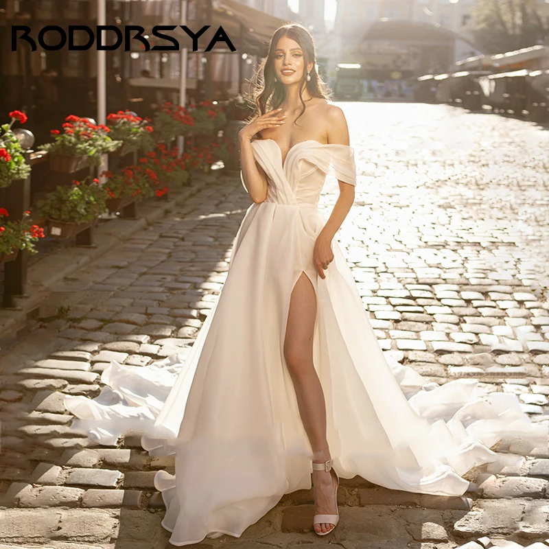 

RODDRSYA Sexy V-Neck Off the Shoulder A-line Wedding Dress Romantic Organza Strapless Bride Party High Split Backless Brautkleid