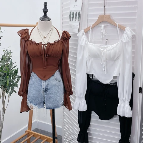 Lace French Chic Blouse Halter Shirts Women Lantern Sleeve Shirt Tops Female Casual Ladies Blouses Autumn&Spring Blusas Dropship