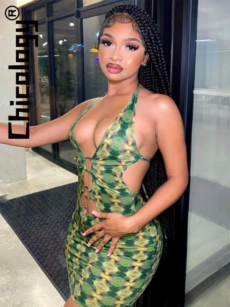 

Chicology 2022 Women Halter Lace Up Backless V Neck Tie Dye Bodycon Mini Dress Sexy Party Club Birthday Y2K Summer Clothing