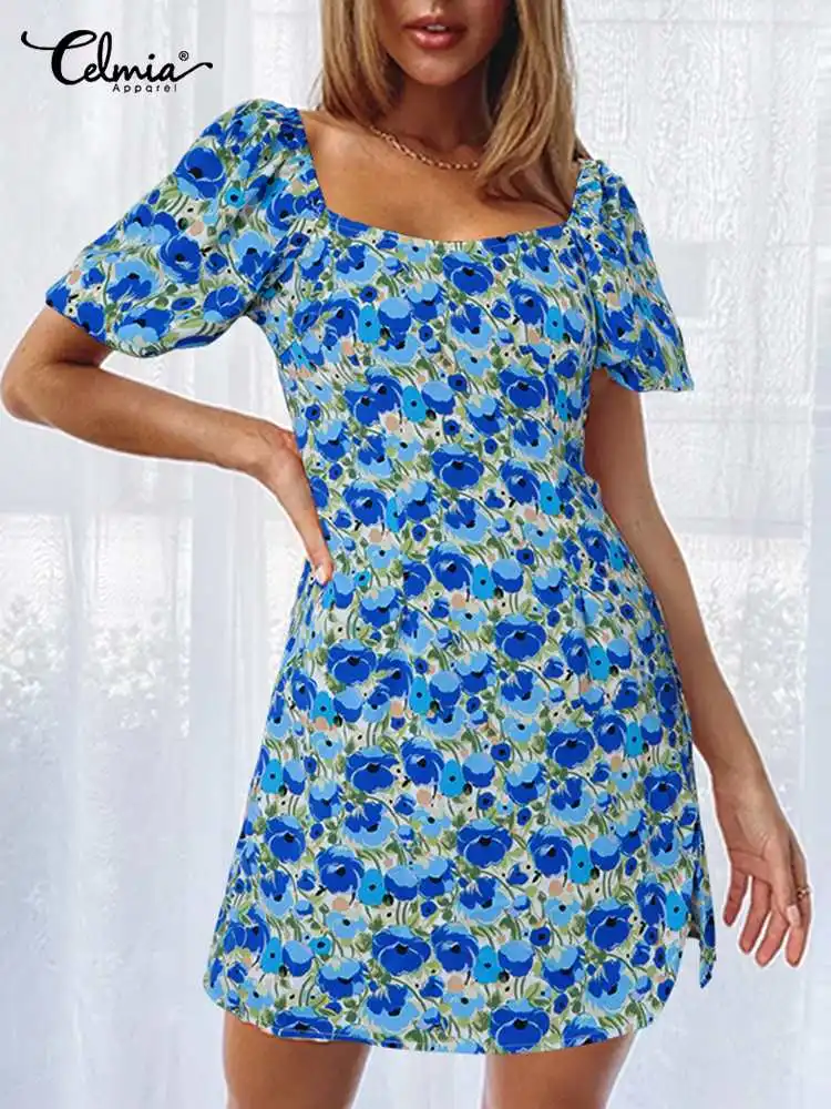 

Celmia Women Puff Sleeve Baddie Vestidos Slit Hem Square Collar Sexy Elegant Mini Dress Backless Floral Print Fashion Sundress