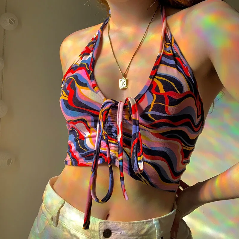 

Summer Camisole Tie Dye Print Backless Ruched Cute Crop Top Halter Streetwear Drawstring Women Tank Top for Women Clothes
