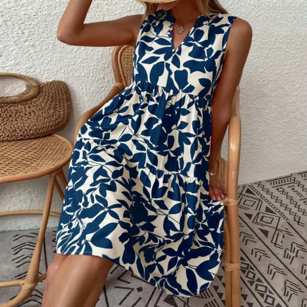 

Versatile Comfy Boho Leaves Print Ruffle Flowy Hem Mini Dress Streetwear