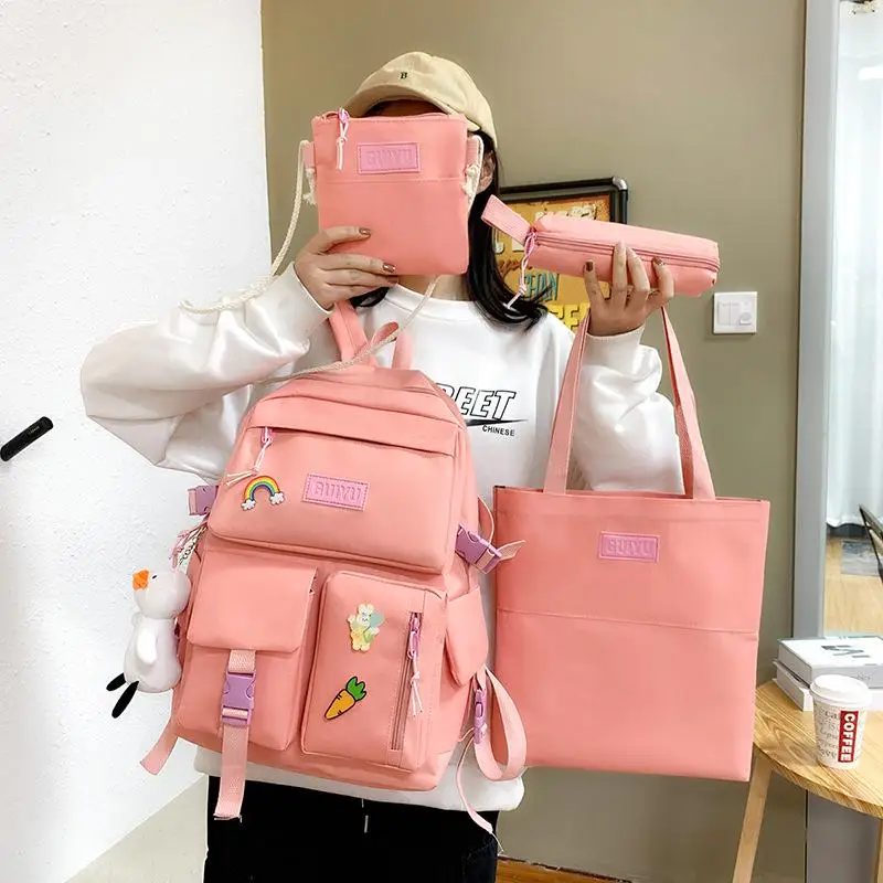 4 Pcs/set Women Solid Color Backpack Canvas Schoolbags for Teenage Girls Kids Primary School Bag College Student Laptop Backpack