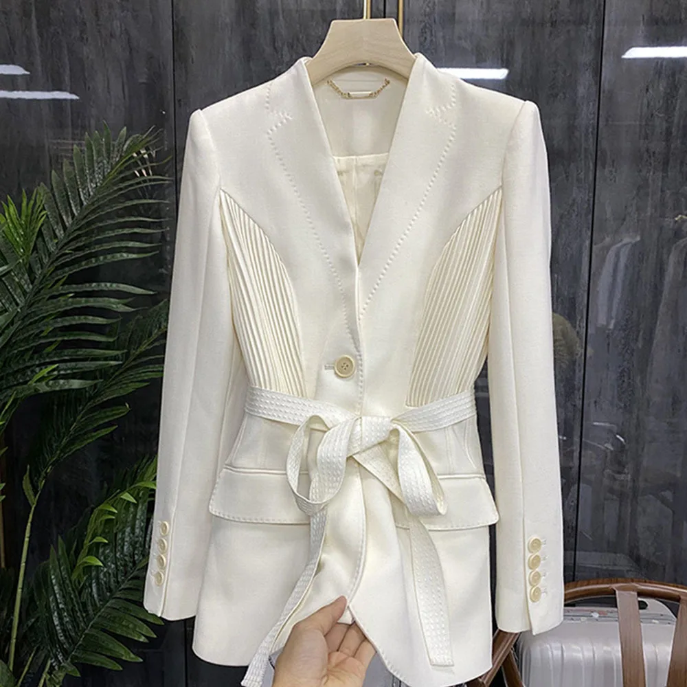 

Spring Autumn Light Luxury Ladies New Blazer Fashion Long Sleeve Sashes Notched Pleated Suit Jacket Office Lady Work Outwear Top