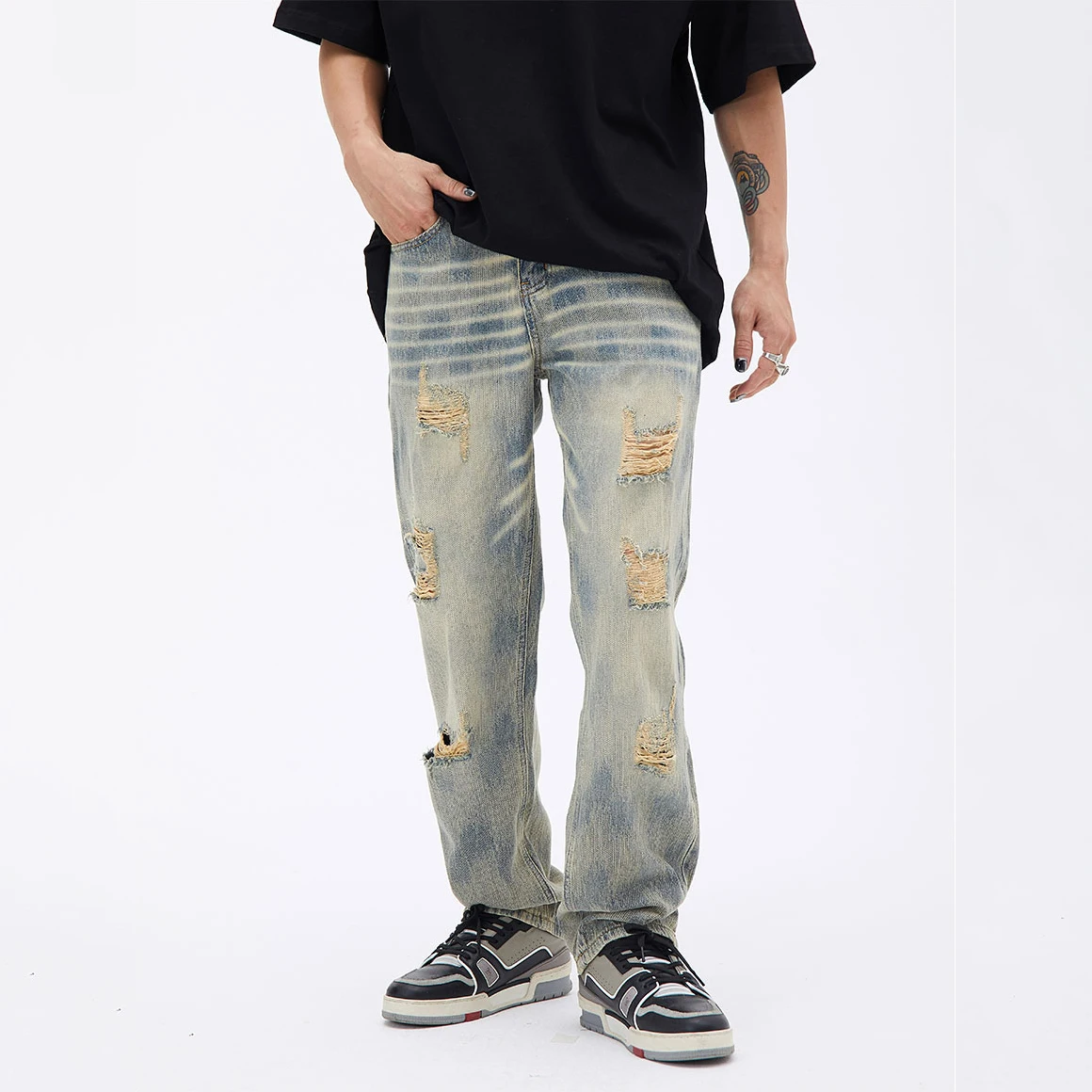 Men's Pants Four Seasons American Fashion Trend Hole Loose Jeans Men's and Women Same Style Streetwear Ins Hot Sale baggy jeans