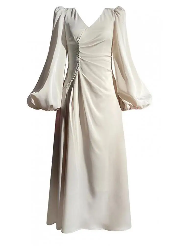 

Getspring Women Dress Long Bubble Sleeve Pearl Beading Dress Vintage 2022 Spring Summer Dropship Wholeasle lady White Dress