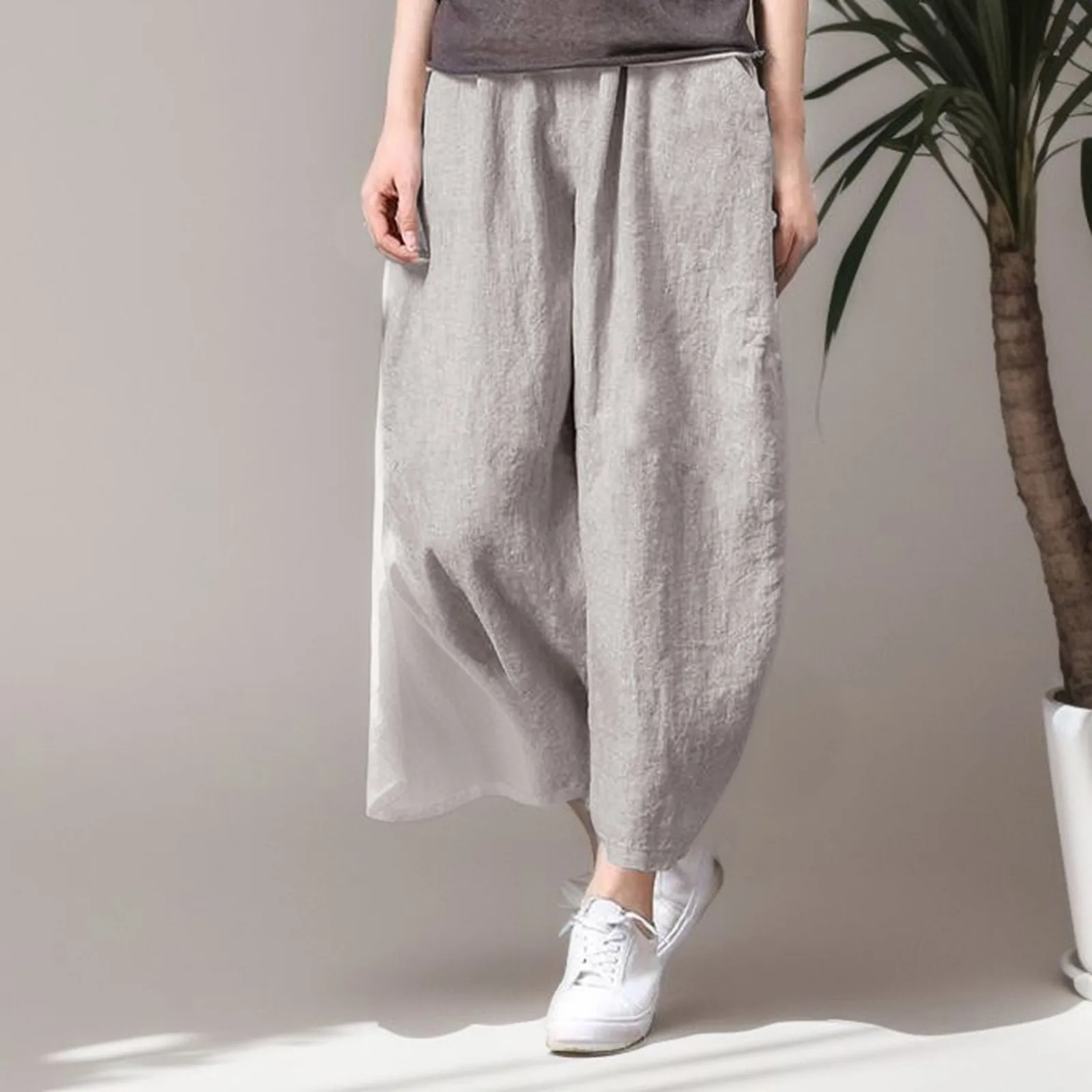 

Women Casual Loose Solid Color Cotton Linen Long Pants Summer Thin Nine Points Pants Fashion Elastic Waist Straight Trousers