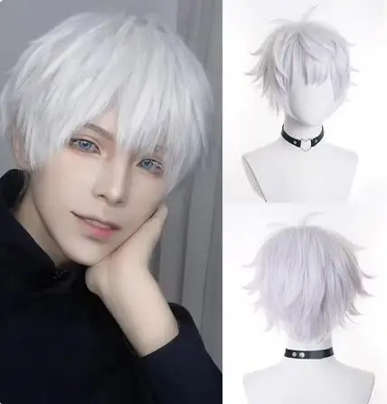 Мужской короткий парик с челкой Синтетический прямой белый светлый Черный Аниме