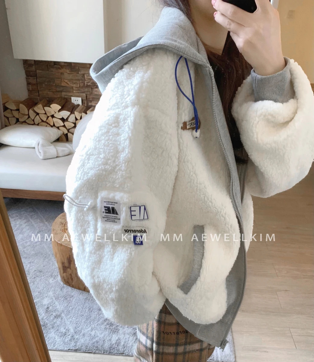 ADER ERROR tide brand lambswool jacket men and women in autumn and winter couple new fake two pieces hooded design sense jacket