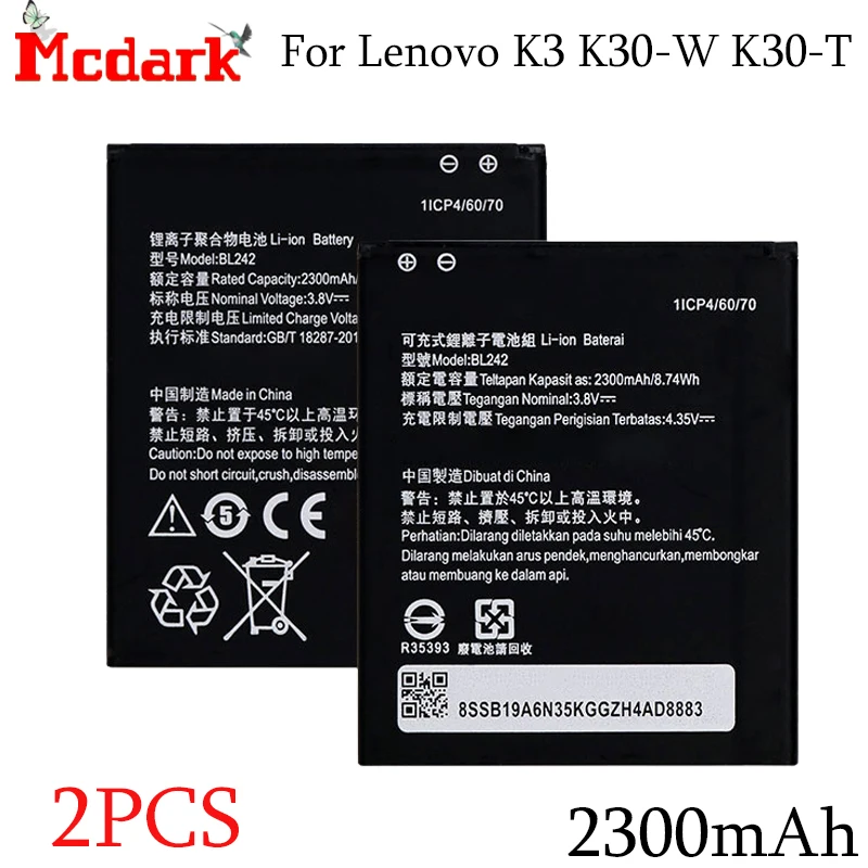 Аккумулятор BL 242 BL242 для Lenovo K3 K30-T A3580 A6000 A3860 A3900 A6010 Plus аккумулятор 2300 мАч 2 шт. |