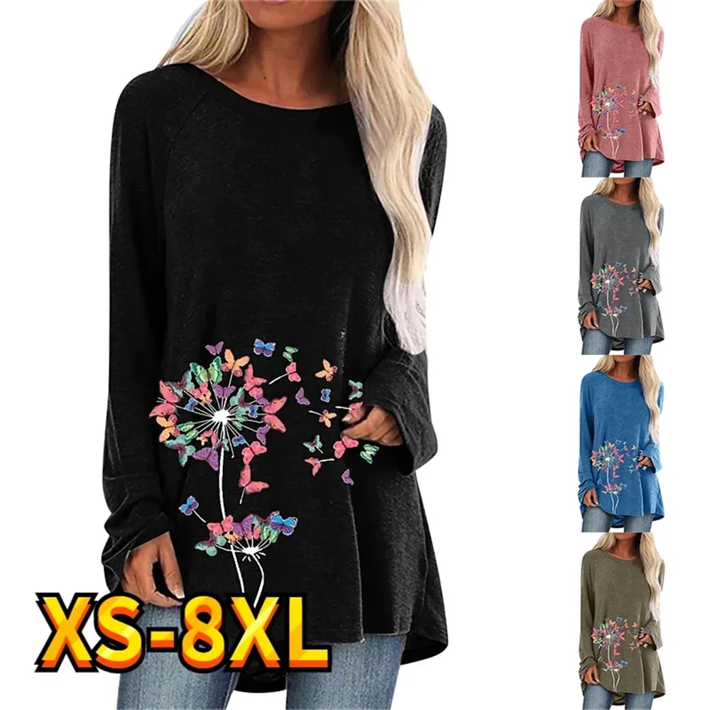 

2023 Women Tops Tee Cartoon Dandelion Butterfly Active Streetwear Sweatshirt Long Sleeve Print Round Neck Basic Essential XS-8X