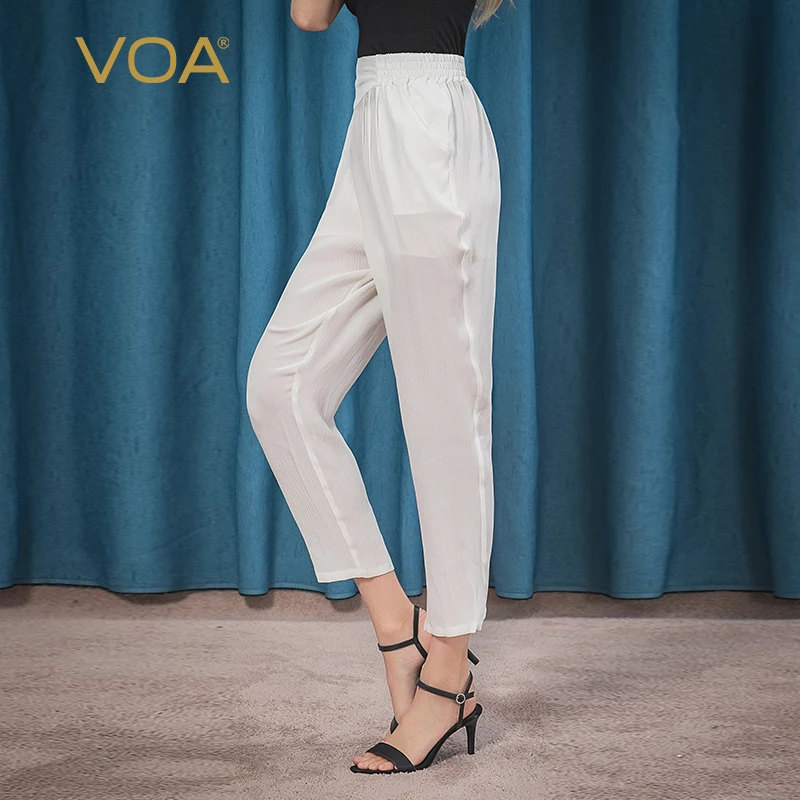 

(Clearance Sale)VOA Silk White Jacquard Elastic Waist Slightly Transparent Simple Basic Casual Harem Pants Women Summer K05