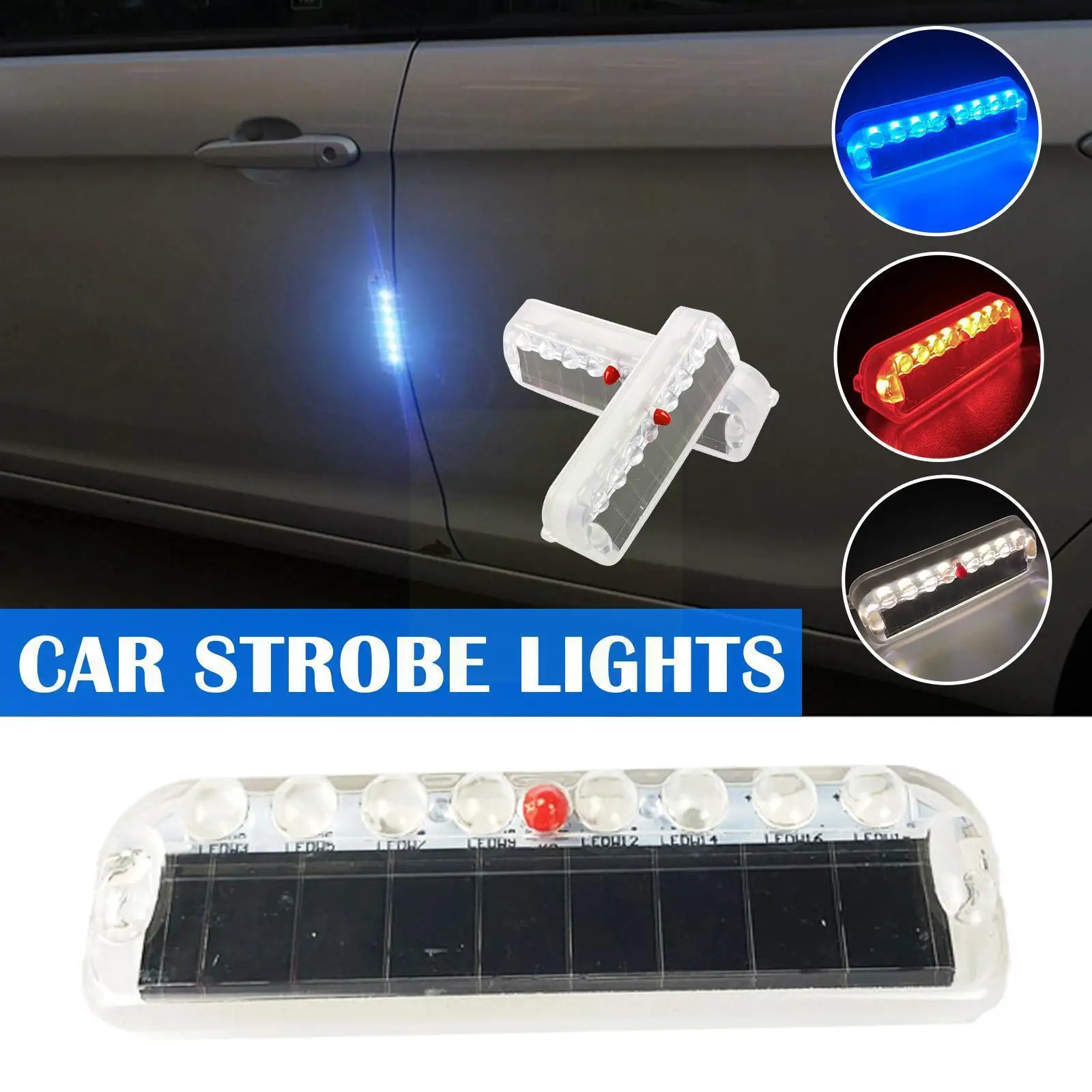 

10 Led Solar Car Strobe Lights Fake Alarm Warning Security Anti-theft Tape Flashing Double-sided Lamp With Self-adhesive X8d8