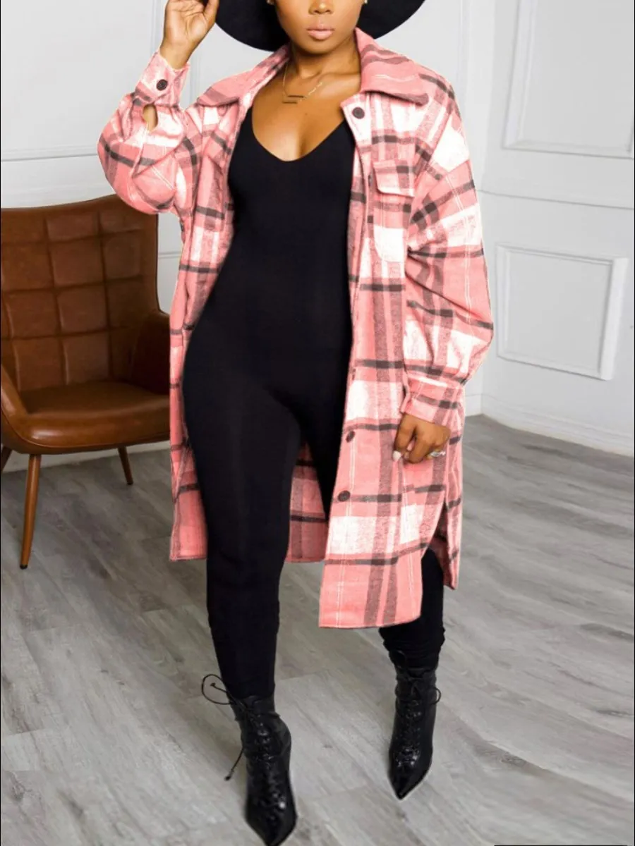 

LW Plus Size Plaid Print Side Split Woolen Coat Regular Sleeve Full Print Turndown Collar Casual women's Woolen Coat