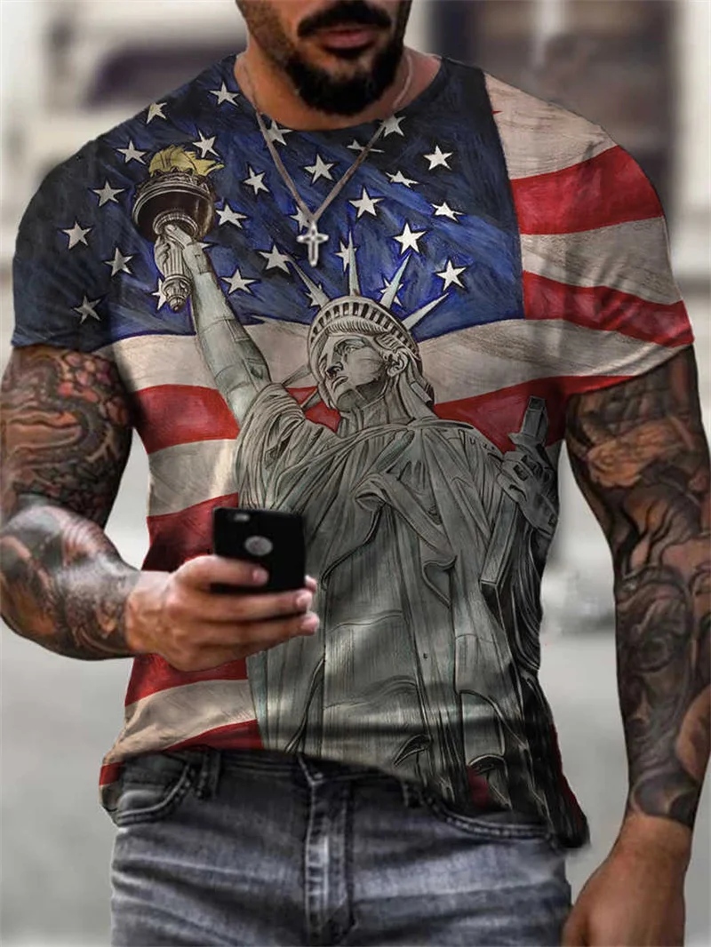 

Summer Street Hip Hop T-shirt American Flag Pattern T-shirt Men's Sports T-shirt Leisure Fashion Adult Round Neck Clothing