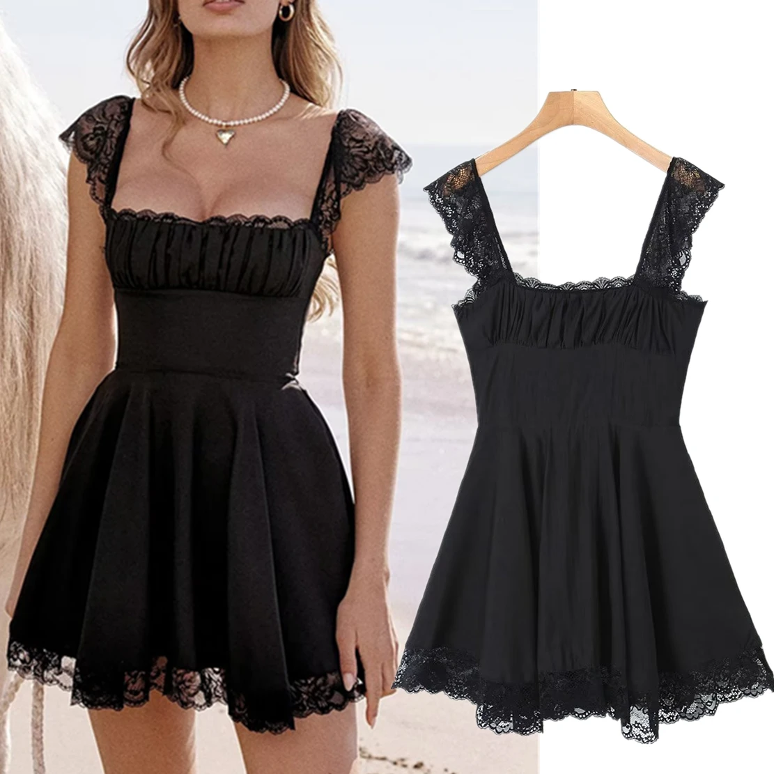 

Elmsk французское винтажное сексуальное кружевное летнее платье с квадратным вырезом, женское черное мини-платье