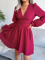 new ladies sexy deep v neck mini dress lantern sleeves solid belt satin party a line dress office ladies vintage dress casual