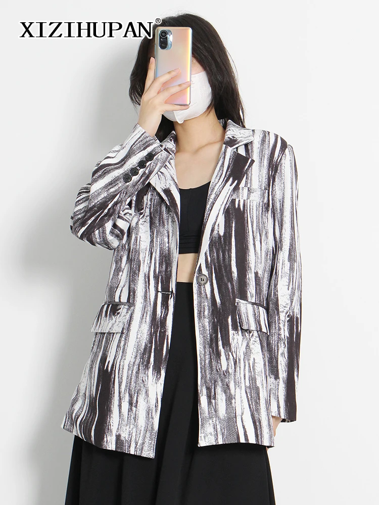 

XIZIHUPAN Print Colorblock Blazers For Women Notched Long Sleeve Pockets Straight Casual Coats Female 2022 Spring Clothing Style