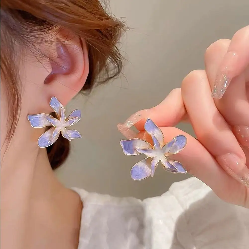 

1Pair Spray Paint Big Flower Stud Earrings For Women Girl Sweet Flowers Pearl Dripping Oil Ear Studs Fashion Jewelry Accessories