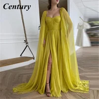 Elegant Citrine Yellow Evening Dress Silk Chiffon Prom Dress With Long Cape A Line Sweetheart Pleats a leg slit Evening Gown