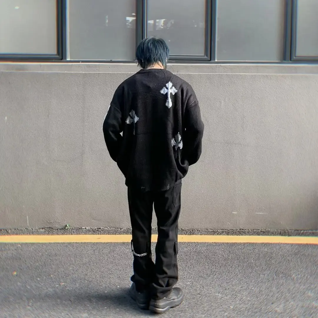 Abfer Autumn Winter Vintage Knitted Sweater Men High Street Cross Gothic Pullover Male Hip Hop Sweaters Casual Oversized Jumper