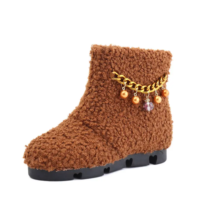 

Women Snow Boots Plush Winter 2022 New Comfortable Women Flat Boots Chain Buckle Cotton Lamb Warm Ankle Boots