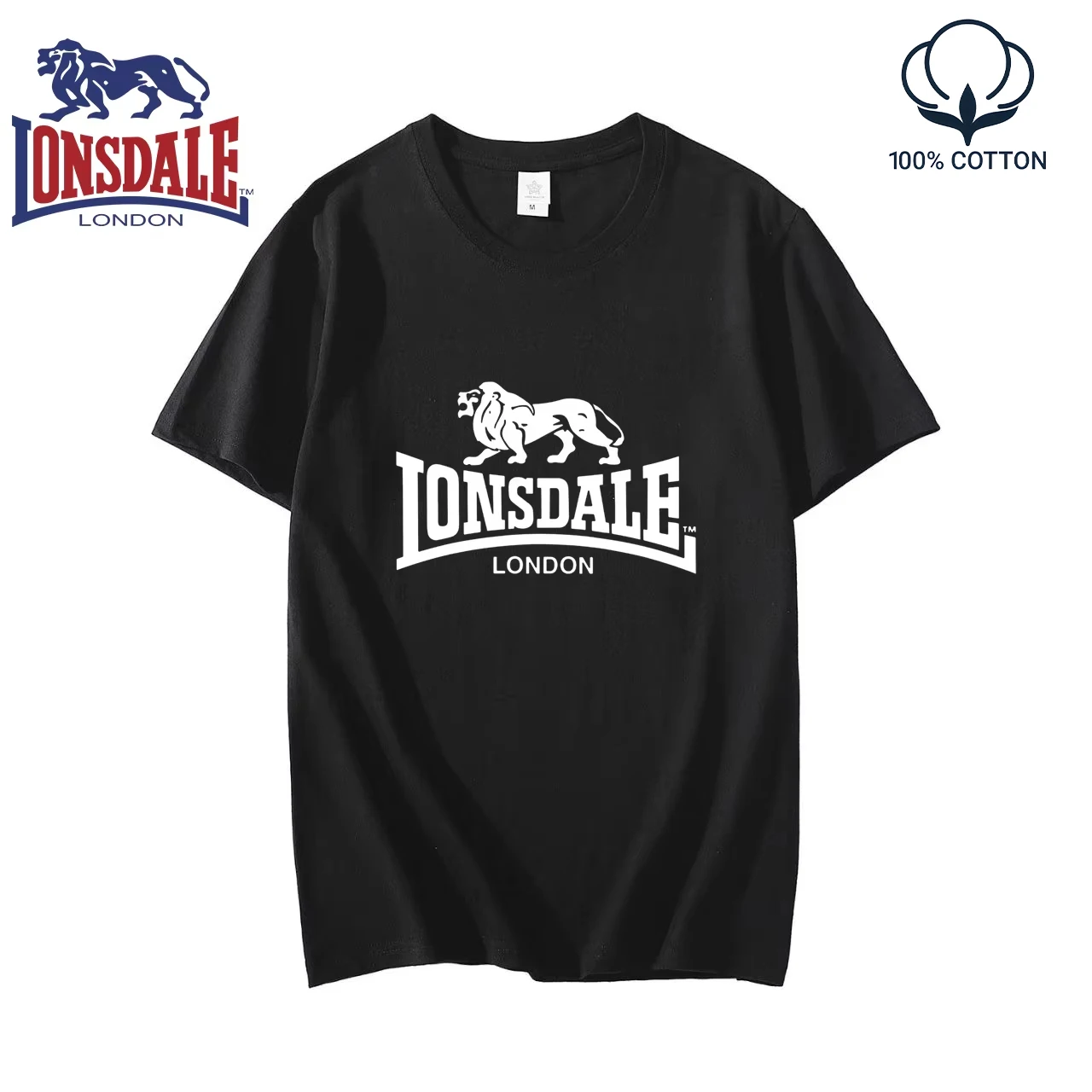 Фото Мужская летняя футболка с коротким рукавом с логотипом LONSDALE, женская новая модная спортивная футболка из 100% чистого хлопка для пар. №1