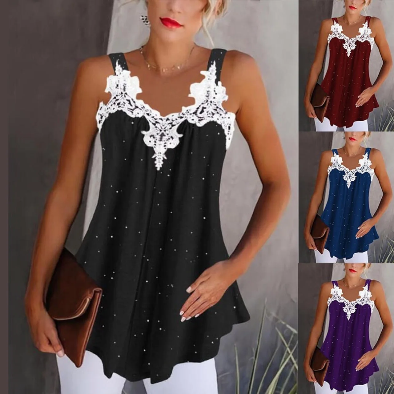 Sexy V-Neck Lace T-Shirt Sleeveless Women'S Summer New Loose Casual T-Shirt Fashion Solid Color Lace Patchwork Suspender Top