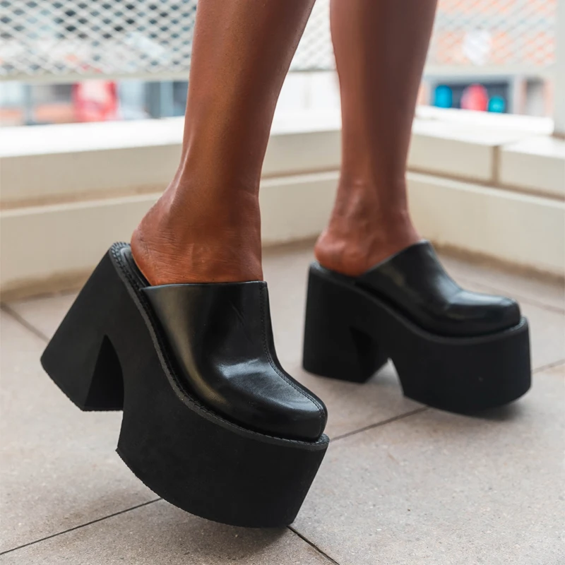 

Closed Toe Platform Mules Chunky Heels Shoes Women Thick Bottom Black High Platform Slingback Daily Wear Comfortable High Heels