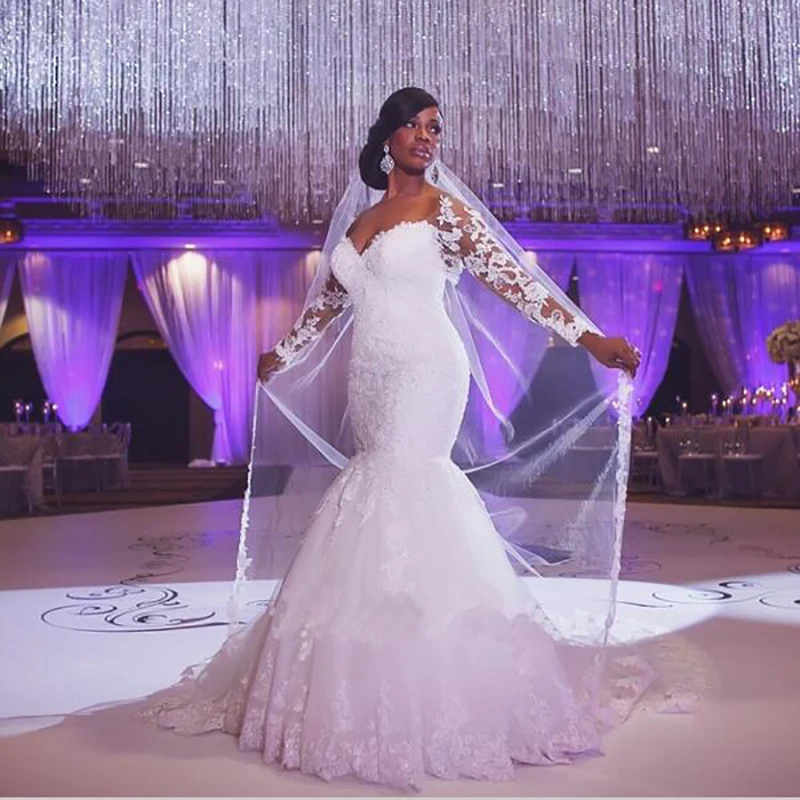 

Elegant Sweet Heart Long Sleeve Wrapped Waistline Mermaid Custom Made Bridal Bride Wedding Dress 2023