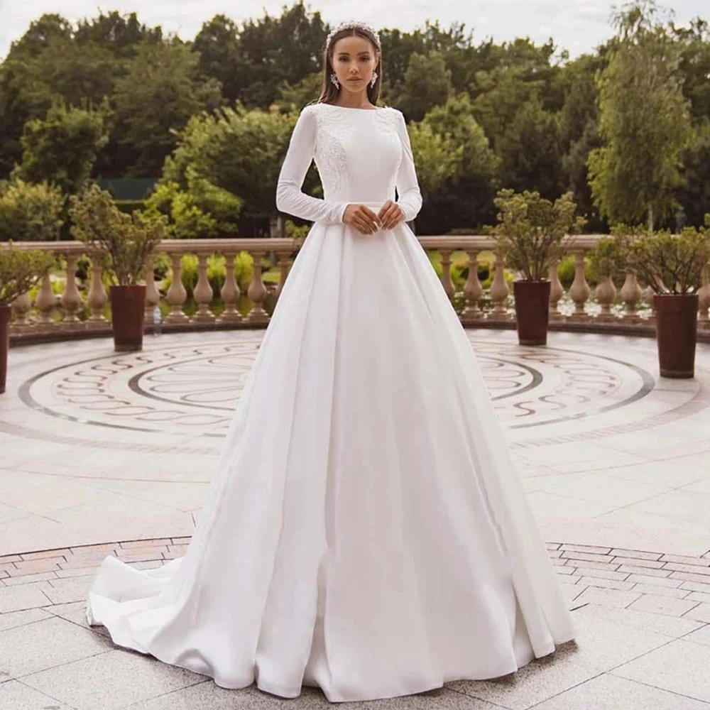

Женское свадебное платье It's yiiya, Белое Атласное Платье-трапеция с круглым вырезом и длинными рукавами на лето 2024