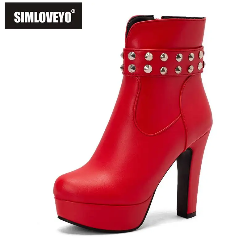

SIMLOVEYO New Womens Boots Shaft 13.5cm Round Toe Platform 2.5cm High Heel 12cm Zipper Rivets Plus Size 34-50 Solid Mature S4223
