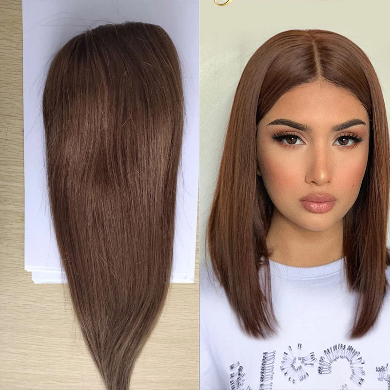

8inch-20inch Brown Straight Mono Lace+Pu Base Hair Topper Toupee Hairpieces 100% Remy Human Women Toupee Hair