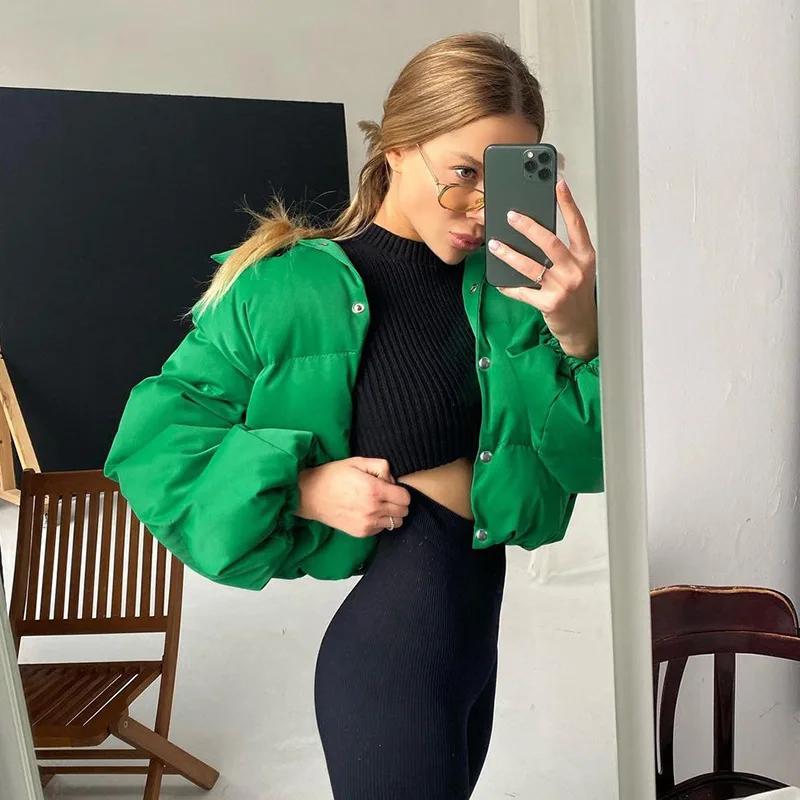 Autumn Winter Quilted Oversized Parkas Coats for Women Fashion Army Green Warm Single Breasted Button Loose Cotton Padded Jacket