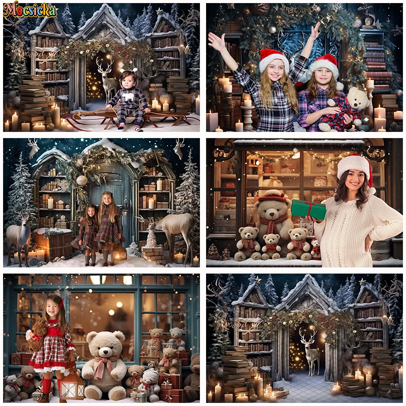 

Newborn Merry Christmas Jungle Cabin Photocall Backdrop Toy Bear Reindeer Decoration Background XMAS Tree Gift Baby Photo Banner
