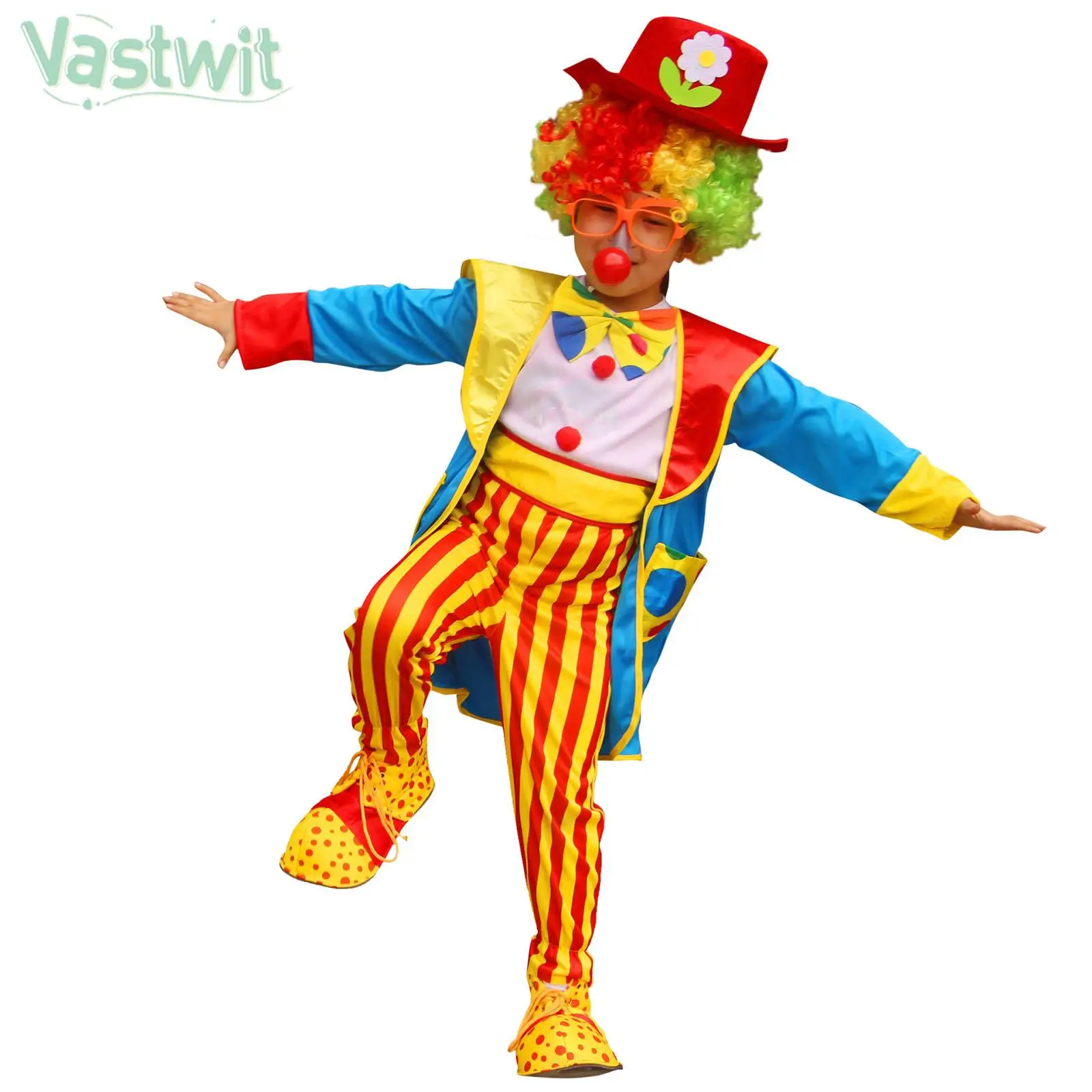 

Kids Halloween Clown Cosplay Performance Costume Striped Jumpsuit with Coat Top Hat Bowtie Theme Party Carnival Roleplay Clothes
